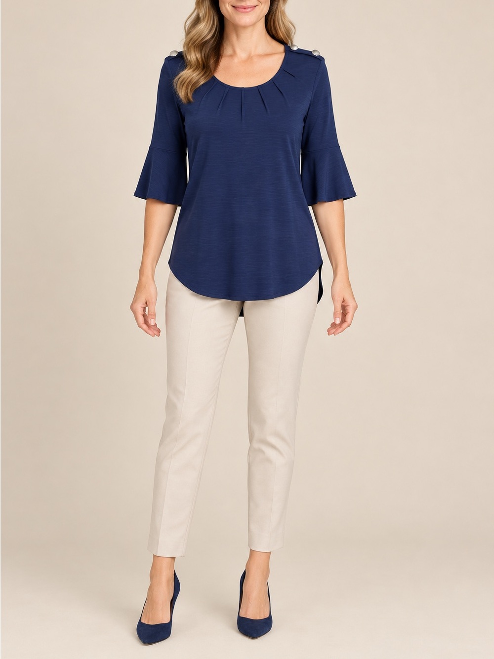 SUSAN LAWRENCE NAVY BLUE PLEATED BELL-SLEEVE TOP SIZE SMALL